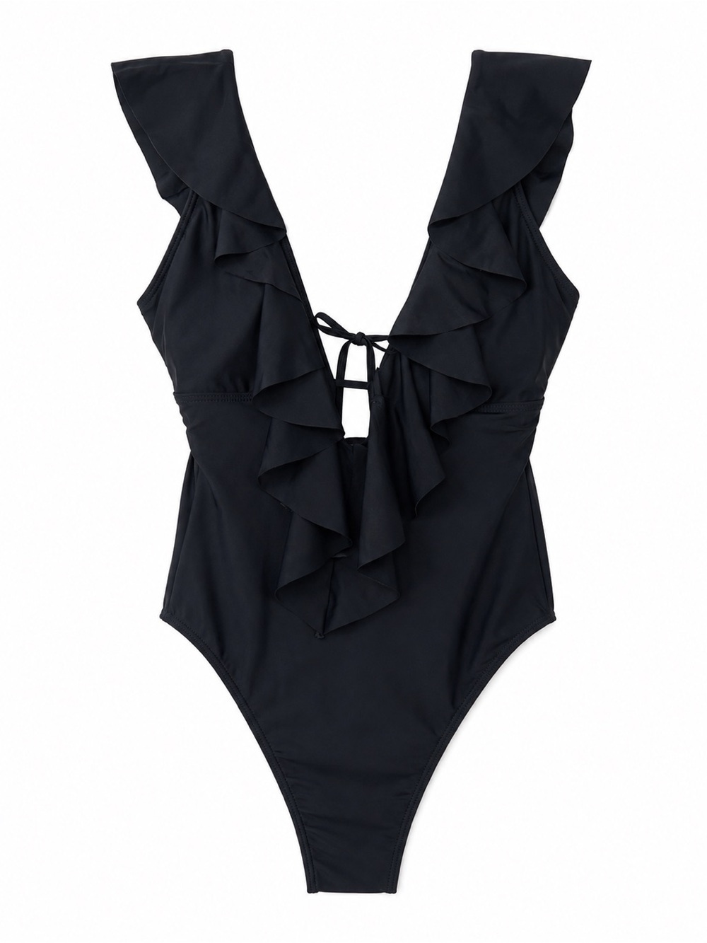 Ruffled V-Back One-Piece Swimsuit - Black